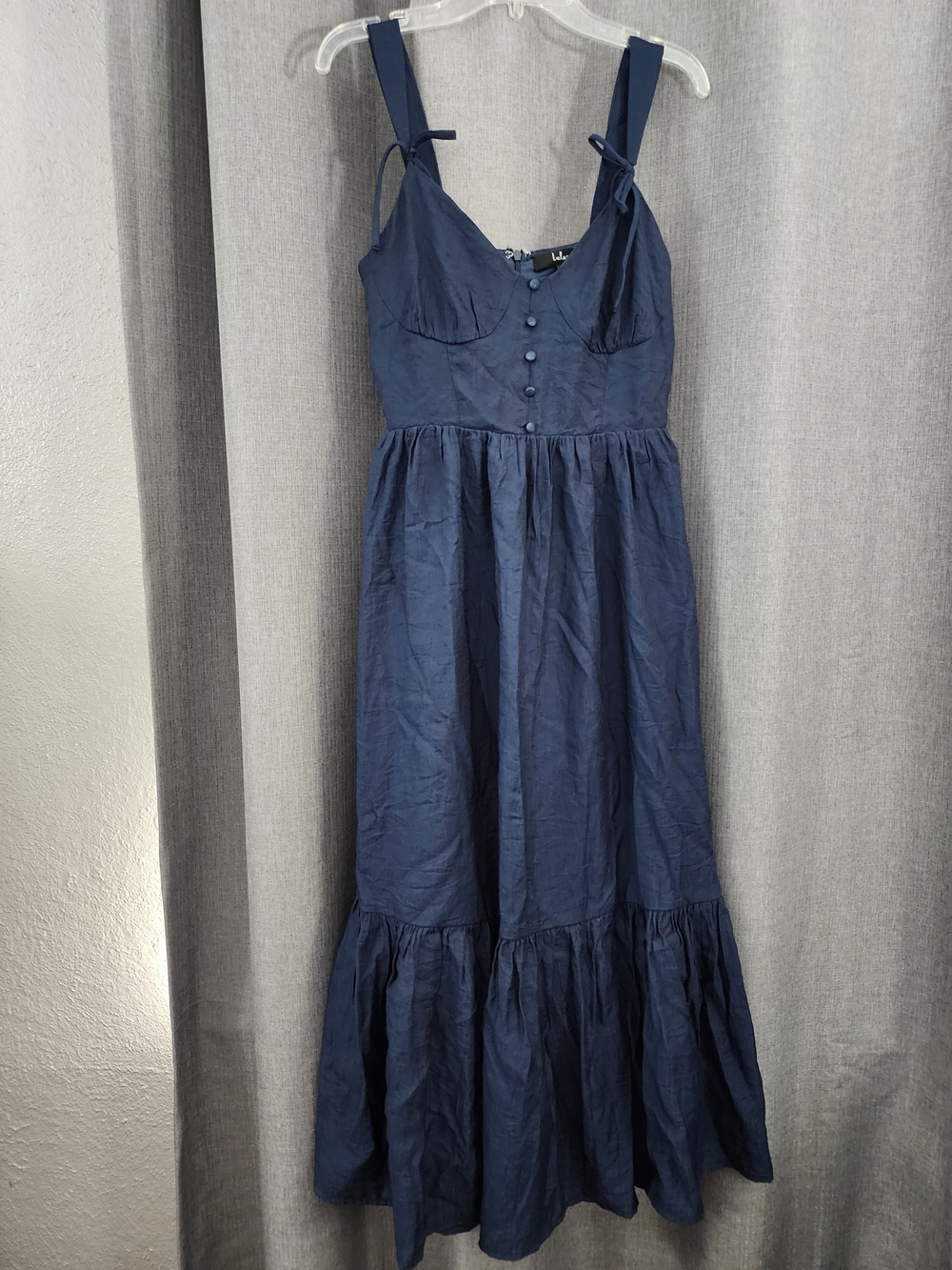 Lulu's Navy Button-Front Tiered Maxi Dress with Tie Straps